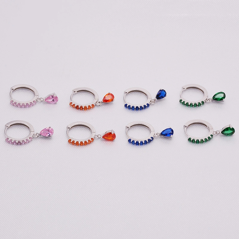 Fashion Water Tear Colorful CZ Zircon Jewelry S925 Sterling Silver Drop Ear Piercing Huggie Hoop Earring